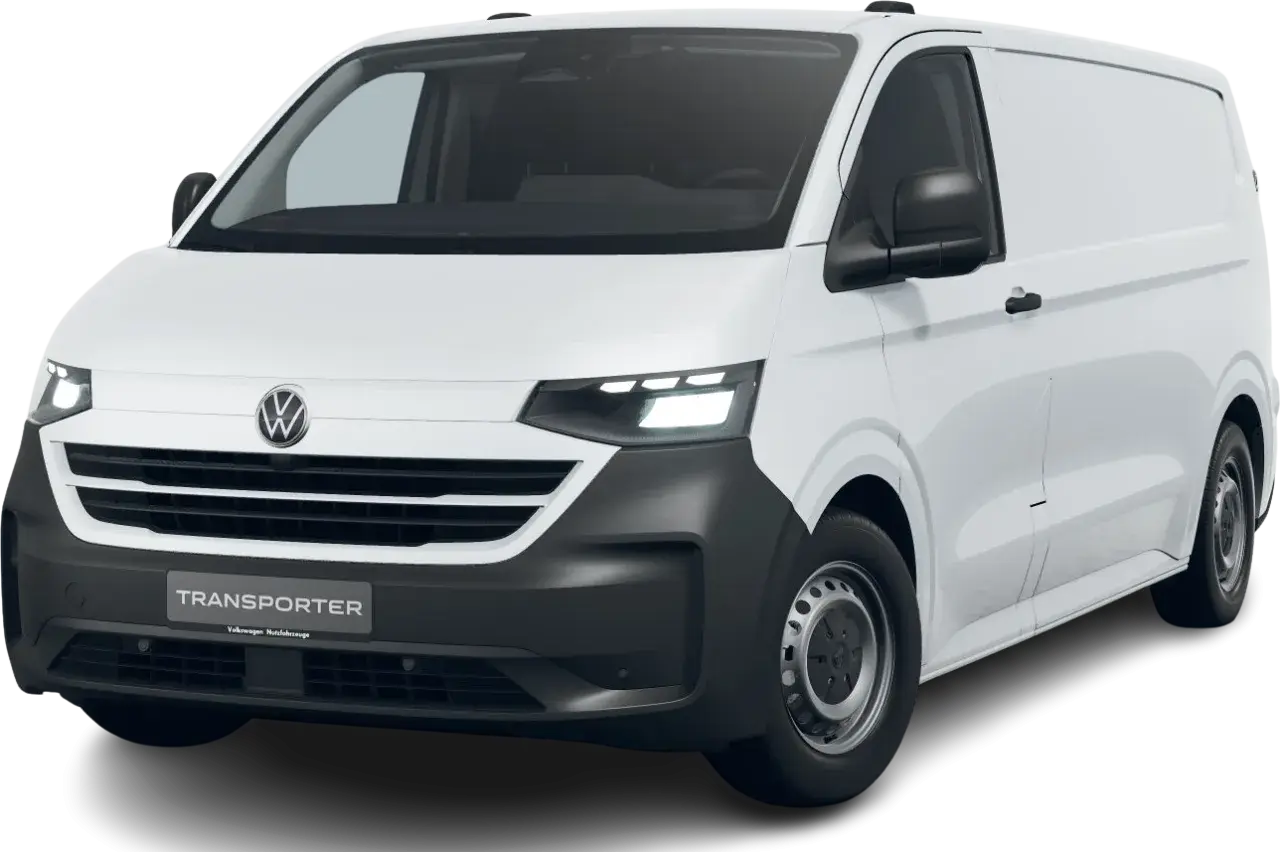 Biały transporter T7 z czarnym zderzakiem i nowoczesnymi światłami LED.
