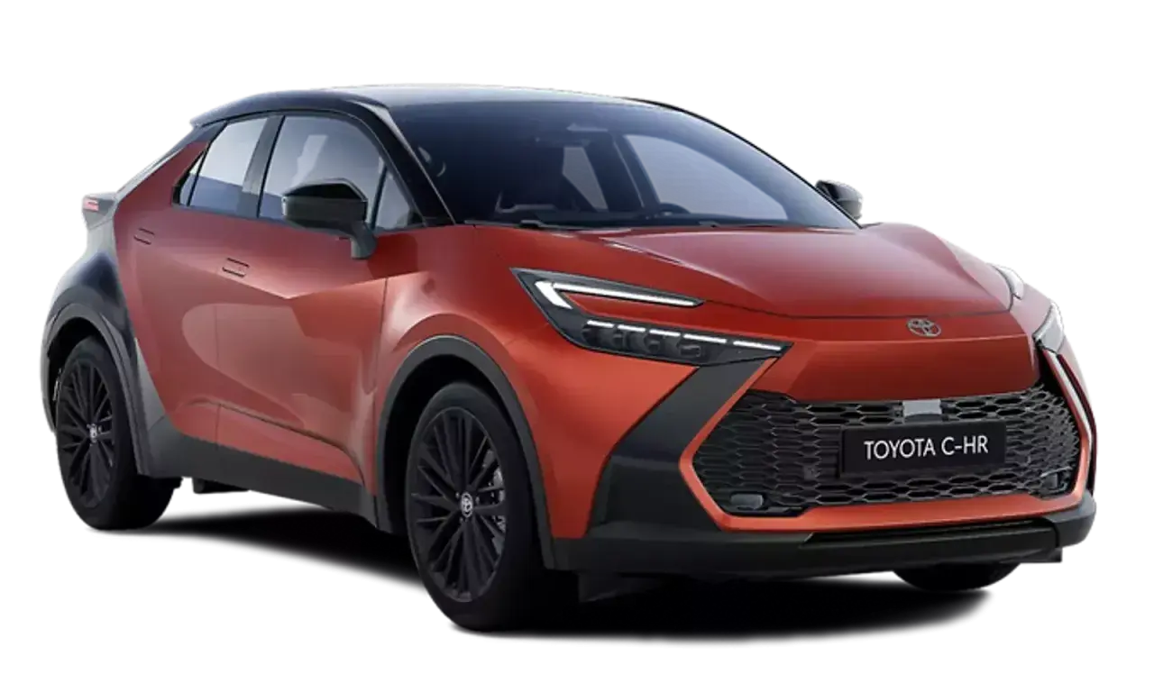 Nowy, pomarańczowy Toyota C-HR plug-in z czarnym dachem i felgami, prezentujący futurystyczny design.