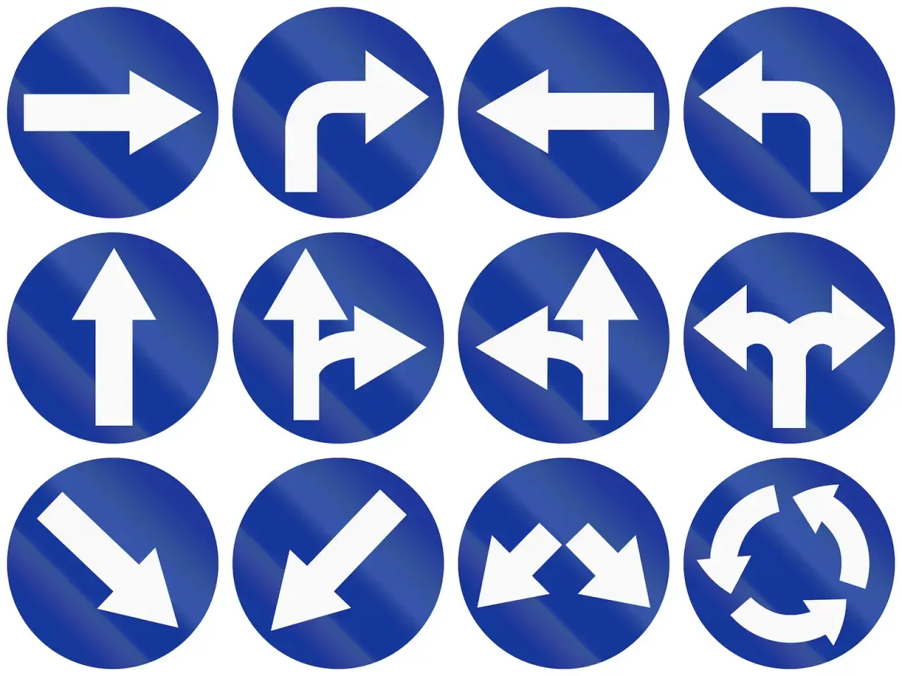 Kolekcja znaków nakazu: prosto, w prawo, w lewo, prosto lub w prawo, prosto lub w lewo, w lewo lub w prawo, w dół, w lewo w dół, w prawo w dół, dwa w dół, rondo.