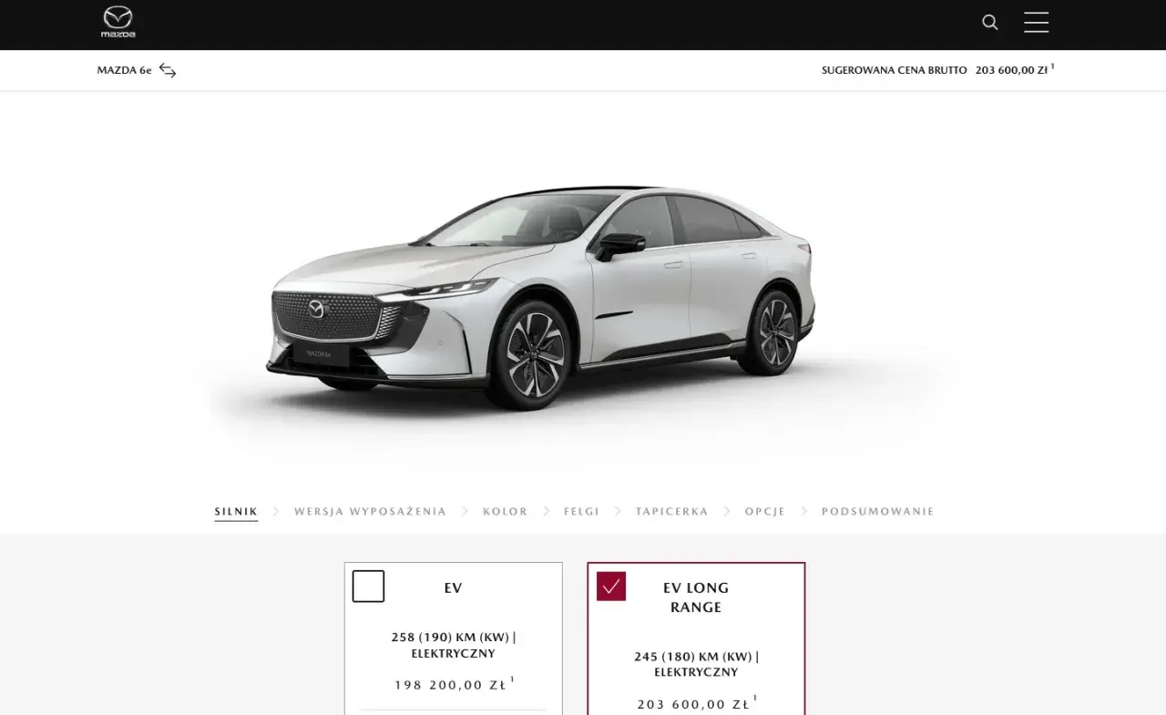 Nowa Mazda 6e w wersji EV Long Range, elektryczna, z mocą 245 KM, cena 203 600 zł.