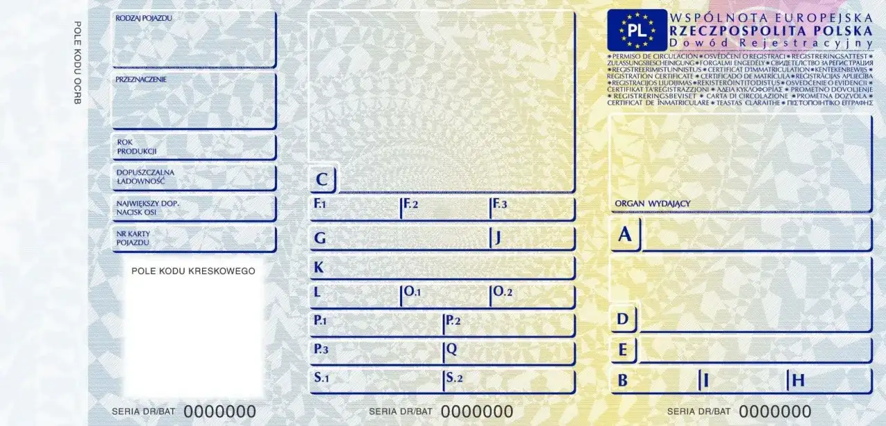 Numer karty pojazdu: 0000000. Dokument zawiera dane rejestracyjne pojazdu, takie jak rodzaj, przeznaczenie, rok produkcji, dopuszczalna ładowność i nacisk osi.
