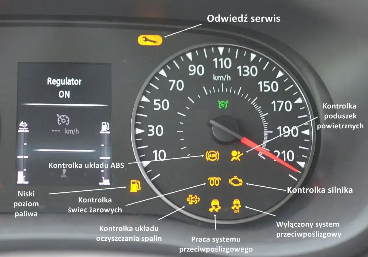 Na desce rozdzielczej świeci się kontrolka trakcji, obok kontrolki silnika i ABS.