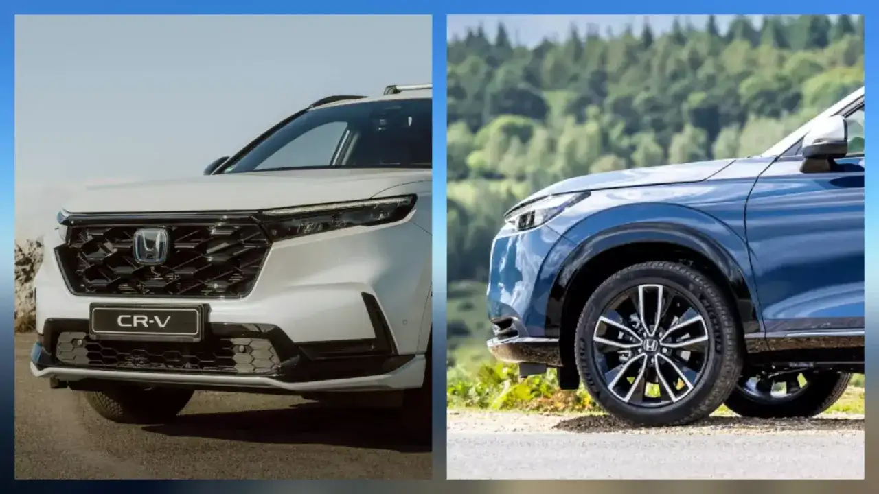 Dwa modele Honda SUV: biały CR-V i niebieski HR-V, prezentują nowoczesny design i dynamikę.