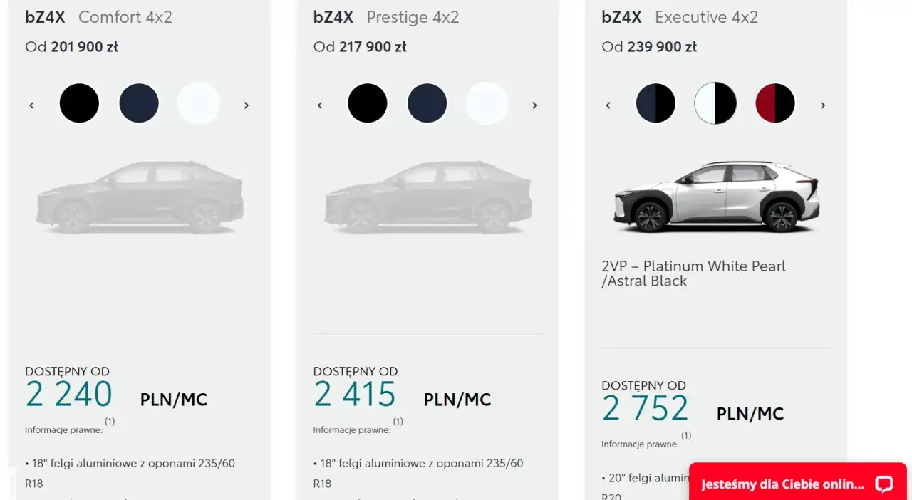Toyota bz4x cena: wersje Comfort, Prestige i Executive od 201 900 zł. Sprawdź raty od 2 240 zł/mc.