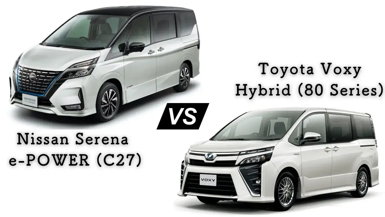 Porównanie: biały Nissan Serena e-POWER (C27) z czarnym dachem kontra biały Toyota Voxy Hybrid (80 Series).