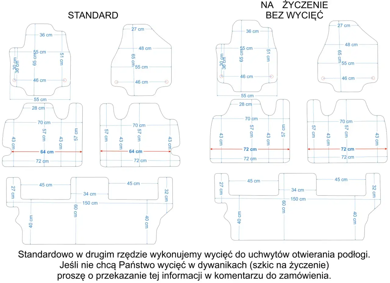 Wymiary dywaników do Chrysler Pacifica: schemat z wymiarami standardowych i niestandardowych elementów.