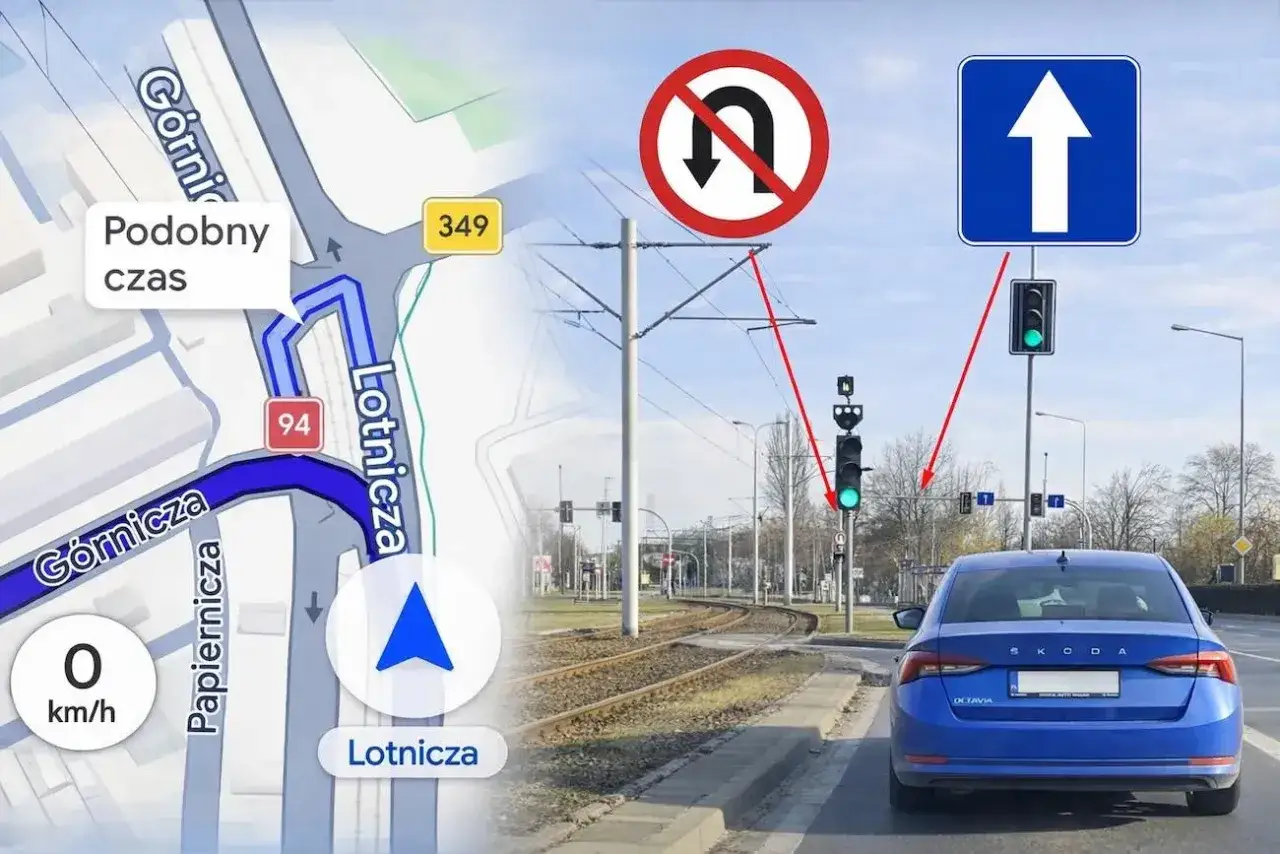 Nawigacja pokazuje trasę z zakazem zawracania na skrzyżowaniu. Samochód zbliża się do zielonego światła.