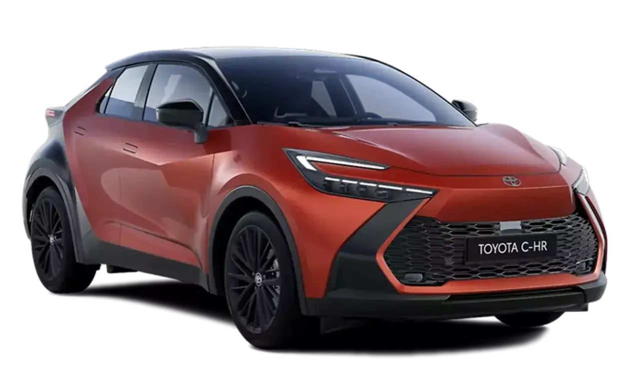 Pomarańczowy Toyota C-HR plug-in z czarnym dachem i felgami, prezentujący nowoczesny design.