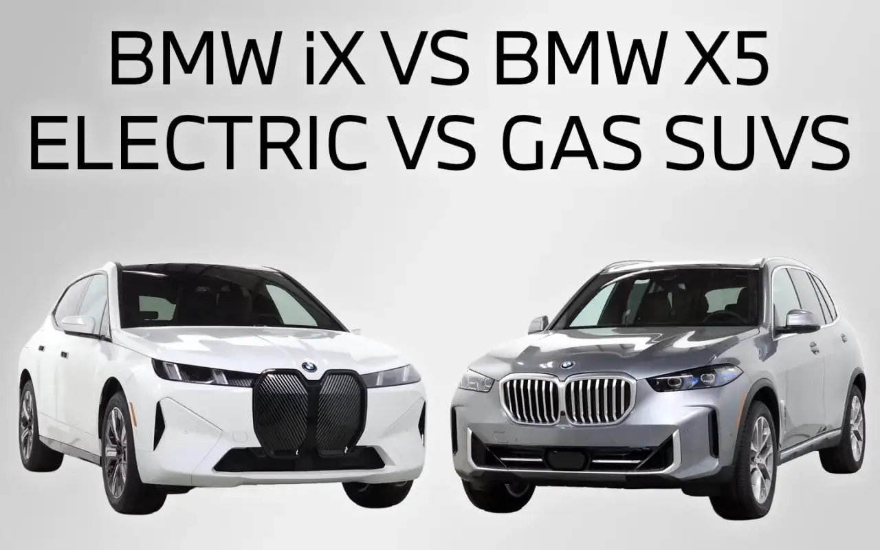 Biały elektryczny suv BMW iX obok szarego BMW X5 na gaz. Porównanie dwóch modeli BMW.
