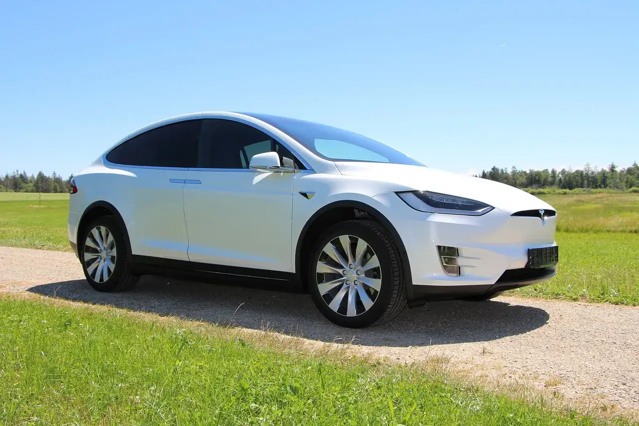 Biały Tesla Model X na tle zielonej łąki i błękitnego nieba. Zastanawiasz się nad jego ceną?