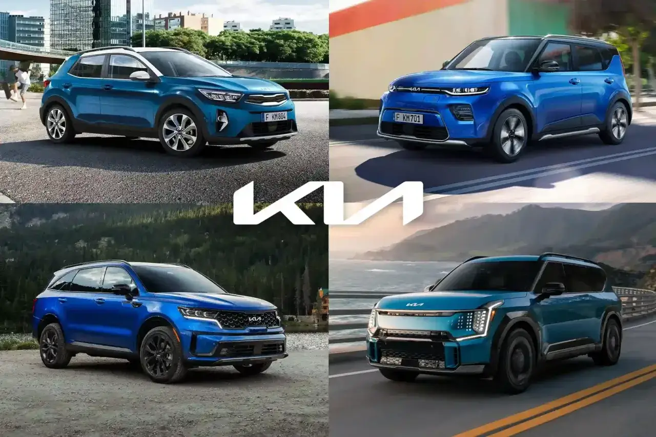 Cztery różne modele suv kia w odcieniach niebieskiego i turkusowego, prezentowane w różnych sceneriach.