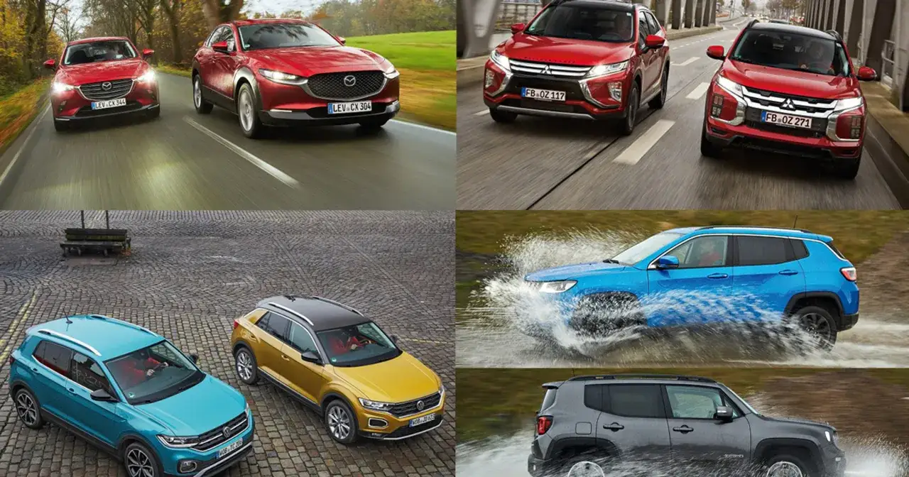 Różne modele crossoverów w akcji: czerwone Mazdy na drodze, Mitsubishi na ulicy, Volkswageny na bruku i niebieski Jeep przejeżdżający przez wodę. Crossover to wszechstronny samochód.