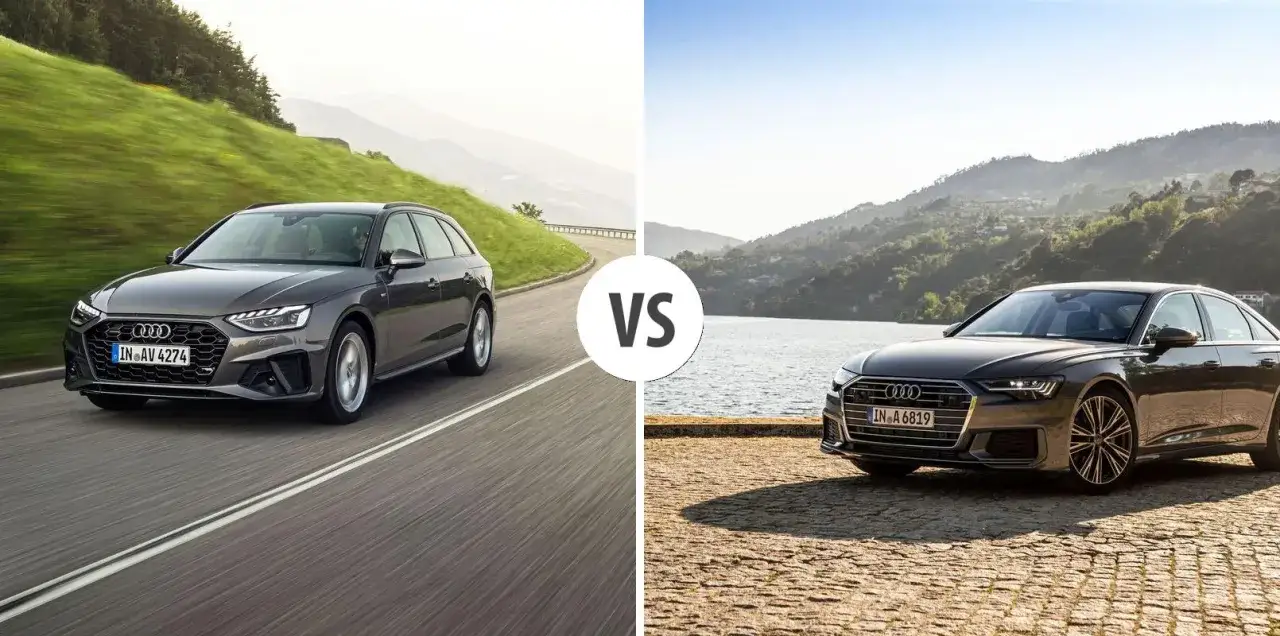 Szary Audi Avant na krętej drodze kontra elegancki sedan Audi nad jeziorem.