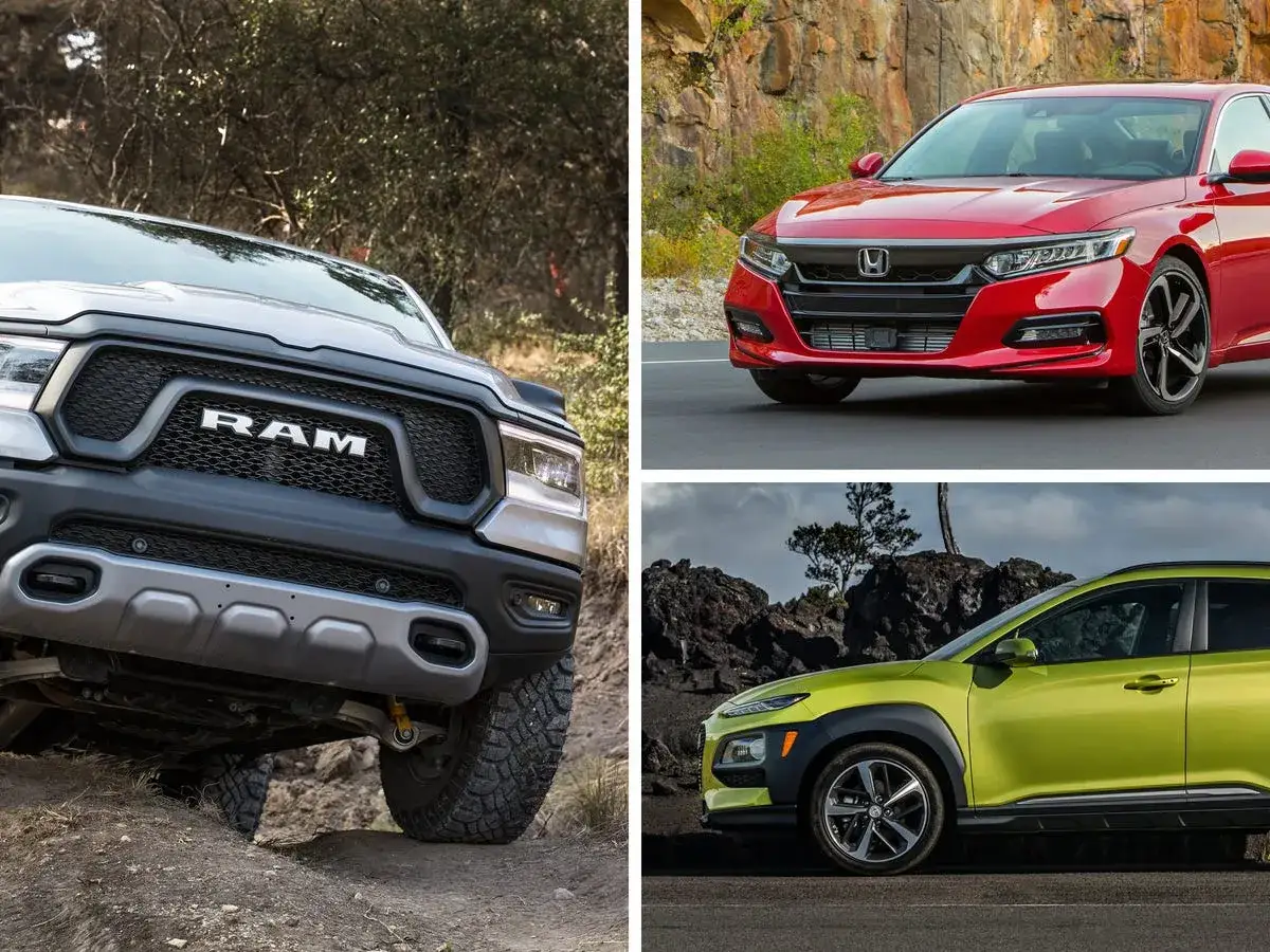 Różne rodzaje samochodów: potężny RAM na bezdrożach, elegancka Honda Accord i zwinny Hyundai Kona.