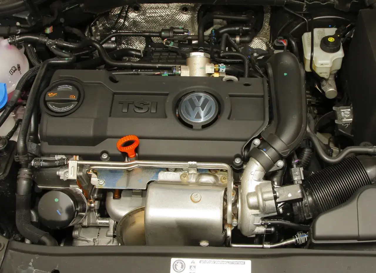 Silnik 1.4 TSI Volkswagena z widocznym turbosprężarką i elementami układu dolotowego.