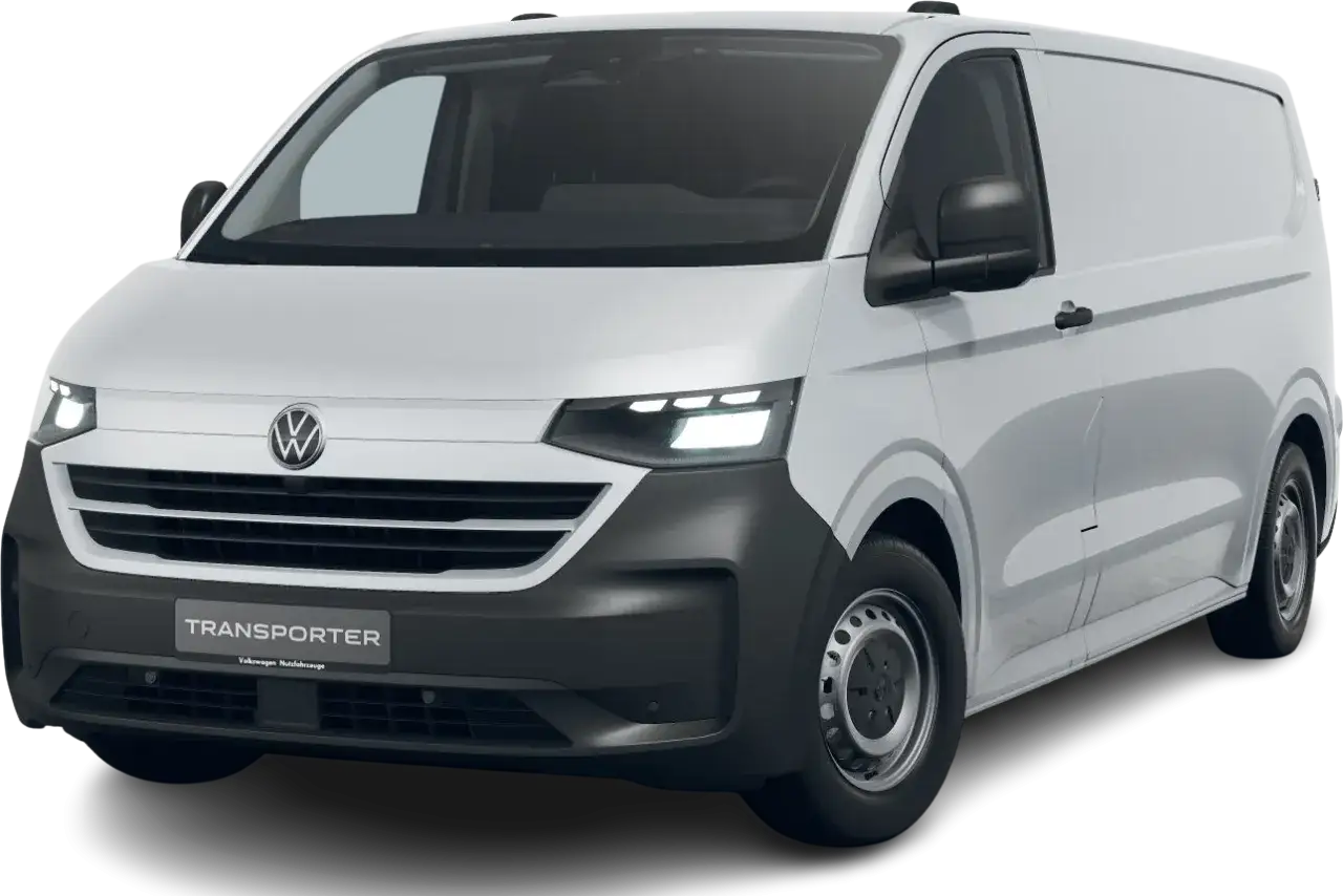Biały transporter T7 z czarnym zderzakiem i nowoczesnymi światłami LED.