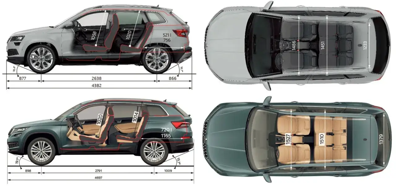 Szczegółowe wymiary Skoda Kodiaq: długość 4697 mm, szerokość 1882 mm, wysokość 1655 mm. Wnętrze oferuje przestronność, co widać na schematach.