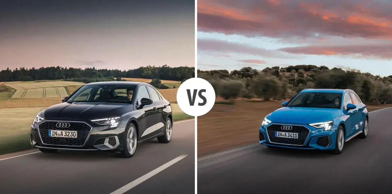 Czarny sedan i niebieski audi a3 kombi jadące po drogach w malowniczych krajobrazach.