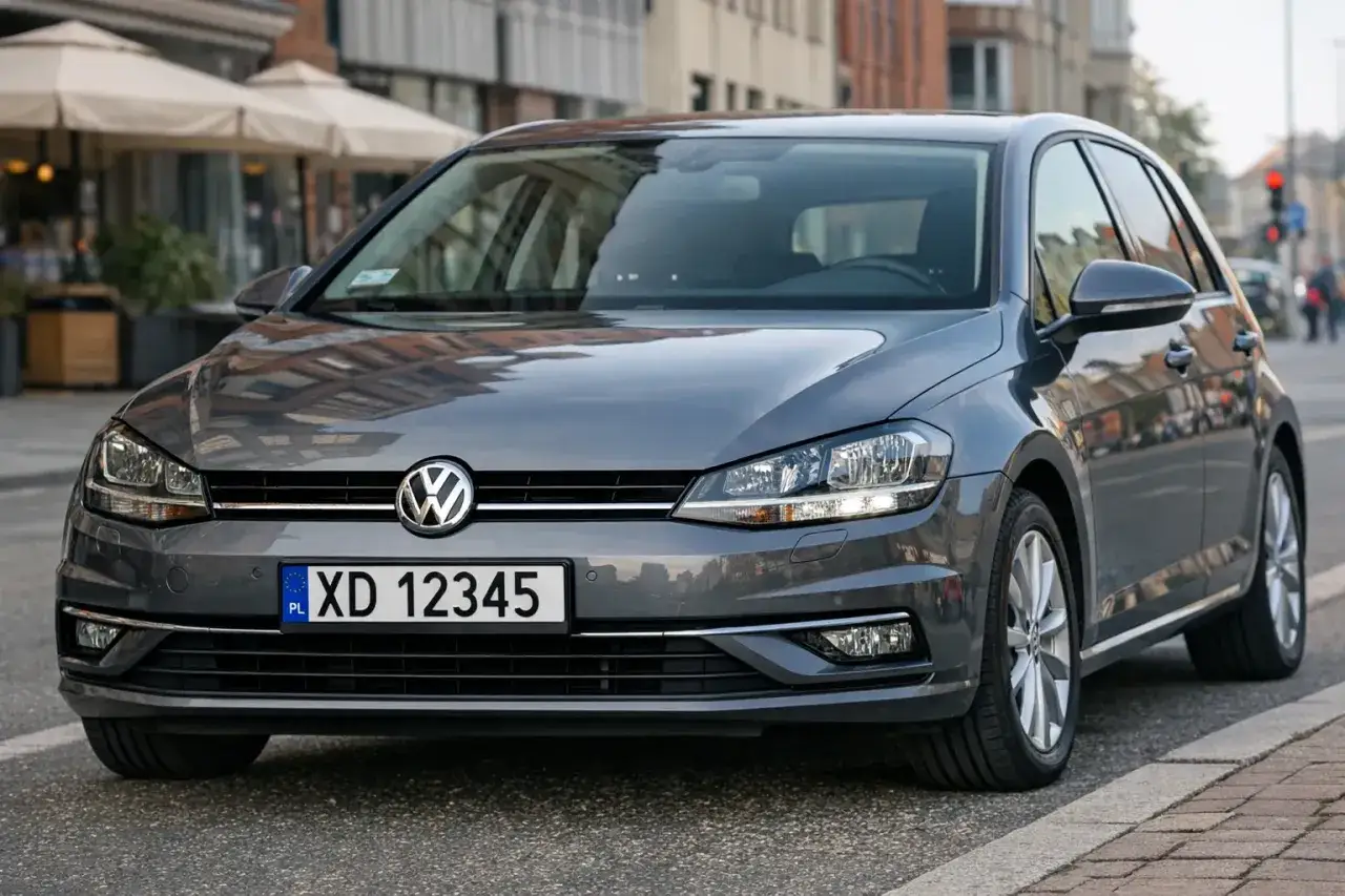 Szary Volkswagen Golf z gdańską rejestracją XD 12345 stoi na ulicy.