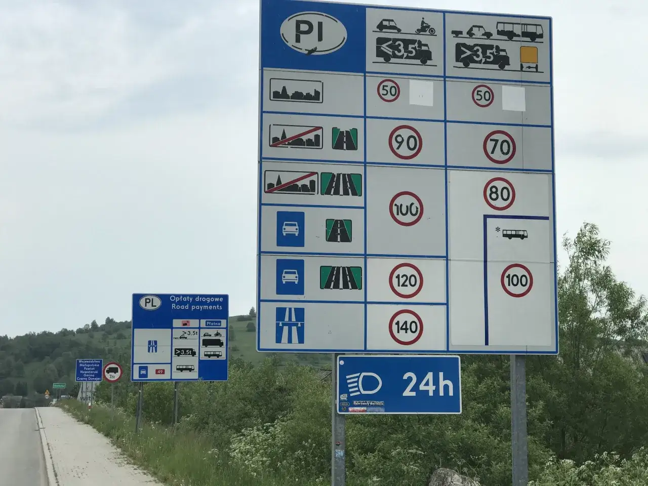 Znaki drogowe informują o opłatach i limitach prędkości na drodze ekspresowej. Maksymalna prędkość na drodze ekspresowej dla samochodów osobowych to 140 km/h.