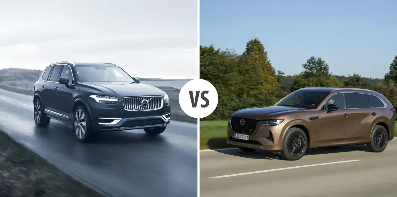 Porównanie: ciemny Volvo XC90 na drodze kontra brązowa Mazda CX-90 w słoneczny dzień.