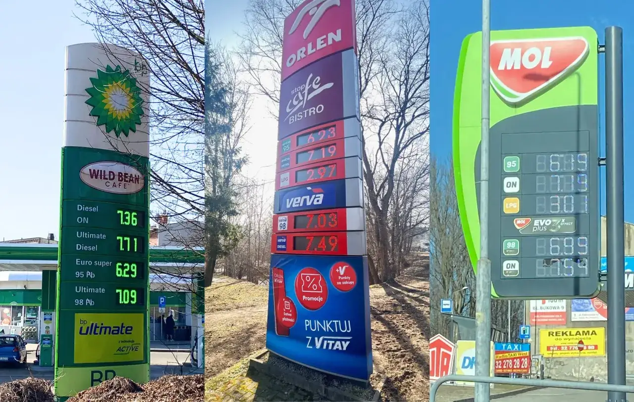 Cena benzyny 98 na stacjach BP, Orlen i MOL. Na Orlenie 7.03 zł, na MOL 8.69 zł.