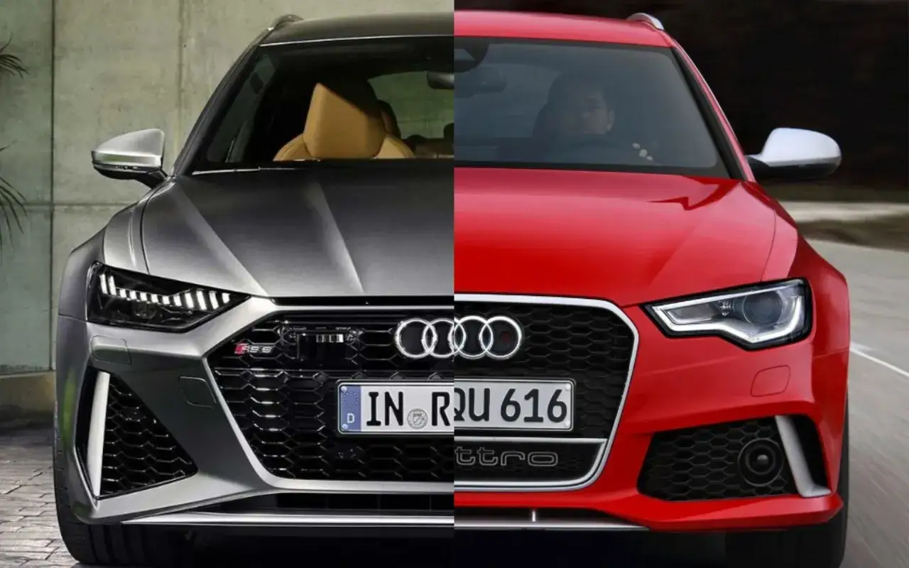 Dwa Audi RS6 Avant w zbliżeniu: jeden szary, drugi czerwony. Widoczne reflektory, grille i zderzaki.