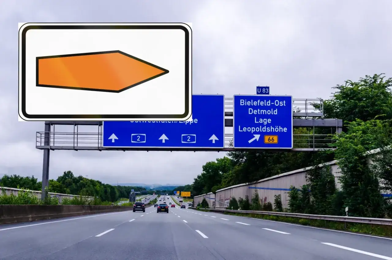 Niemieckie autostrady prowadzą do Bielefeld-Ost, Detmold, Lage i Leopoldshöhe. Pomarańczowa strzałka wskazuje kierunek.