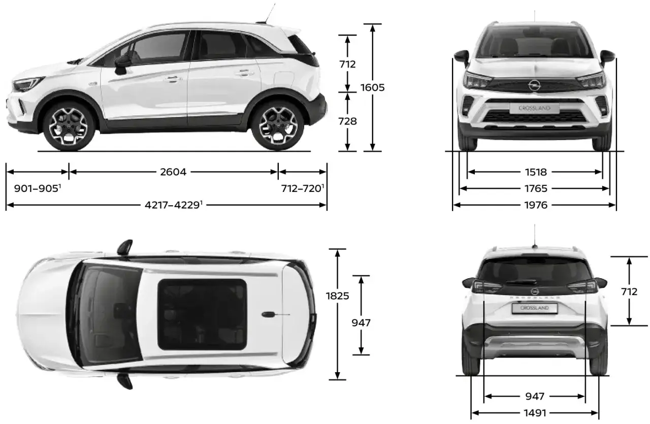 Opel Crossland wymiary: długość 4217-4229 mm, szerokość 1765 mm, wysokość 1605 mm. Widok z boku, przodu, tyłu i góry.