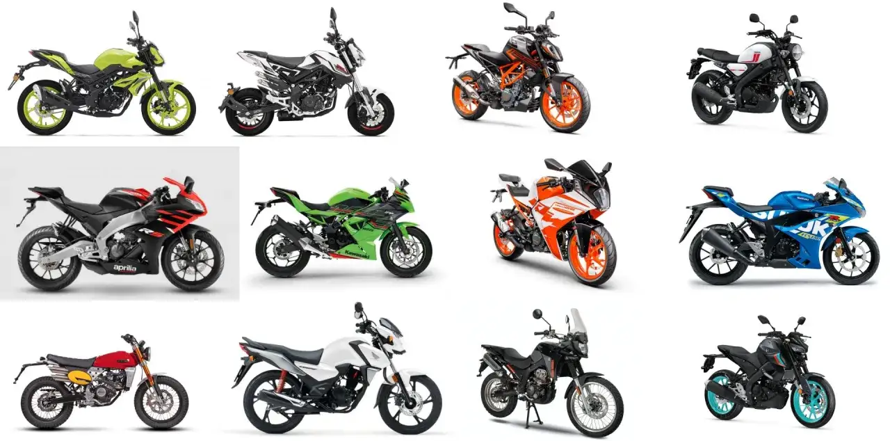 Różne motocykle, od sportowych po turystyczne. Zastanawiasz się, ile kosztuje prawo jazdy A1, by móc nimi jeździć?