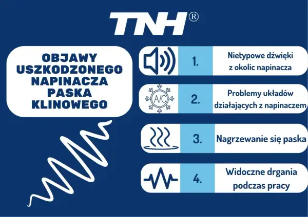 Objawy uszkodzonego napinacza paska klinowego: nietypowe dźwięki, problemy z układami, nagrzewanie się paska i drgania.