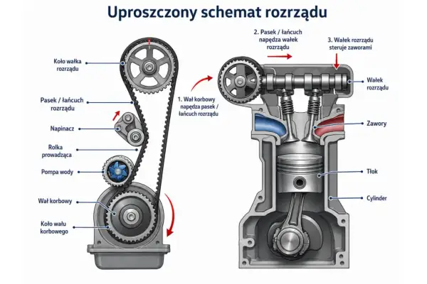 Schemat rozrządu silnika. Pasek napędza wałek rozrządu, który steruje zaworami. Sprawdź, co ile wymieniać rozrząd, by uniknąć awarii.
