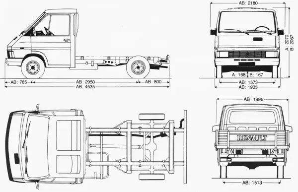 Rysunek techniczny Renault Trafic 3 z widokami z boku, przodu, tyłu i z góry, z wymiarami.