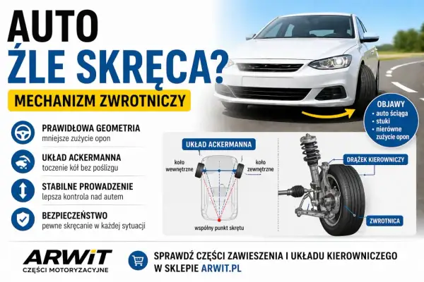 Grafika wyjaśnia działanie mechanizmu zwrotnicy i układu Ackermanna, kluczowych dla prawidłowego skręcania auta.