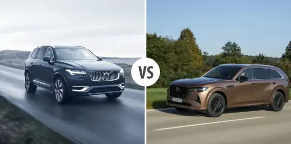 Porównanie: ciemny Volvo XC90 na mokrej drodze kontra brązowa Mazda CX-90 na tle drzew.