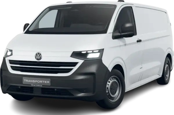 Biały transporter T7 z czarnym zderzakiem i nowoczesnymi światłami LED.