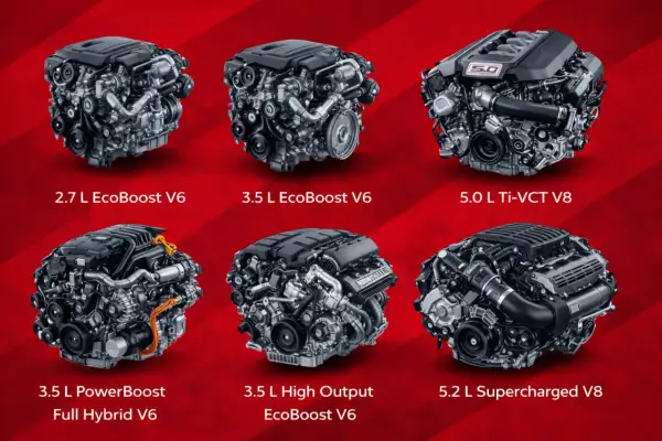 Silniki Forda 150: 2.7L EcoBoost V6, 3.5L EcoBoost V6, 5.0L Ti-VCT V8, 3.5L PowerBoost Full Hybrid V6, 3.5L High Output EcoBoost V6, 5.2L Supercharged V8.