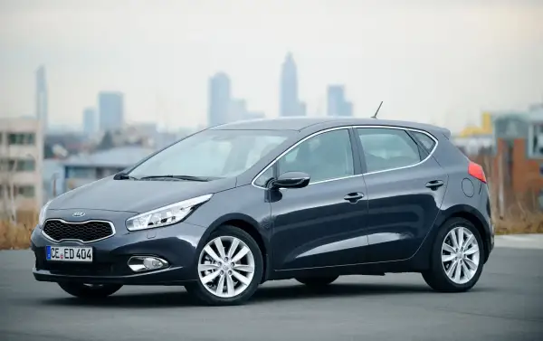 Ciemnoszary Kia Ceed 1.6 CRDi z eleganckimi felgami stoi na tle miejskiej panoramy.